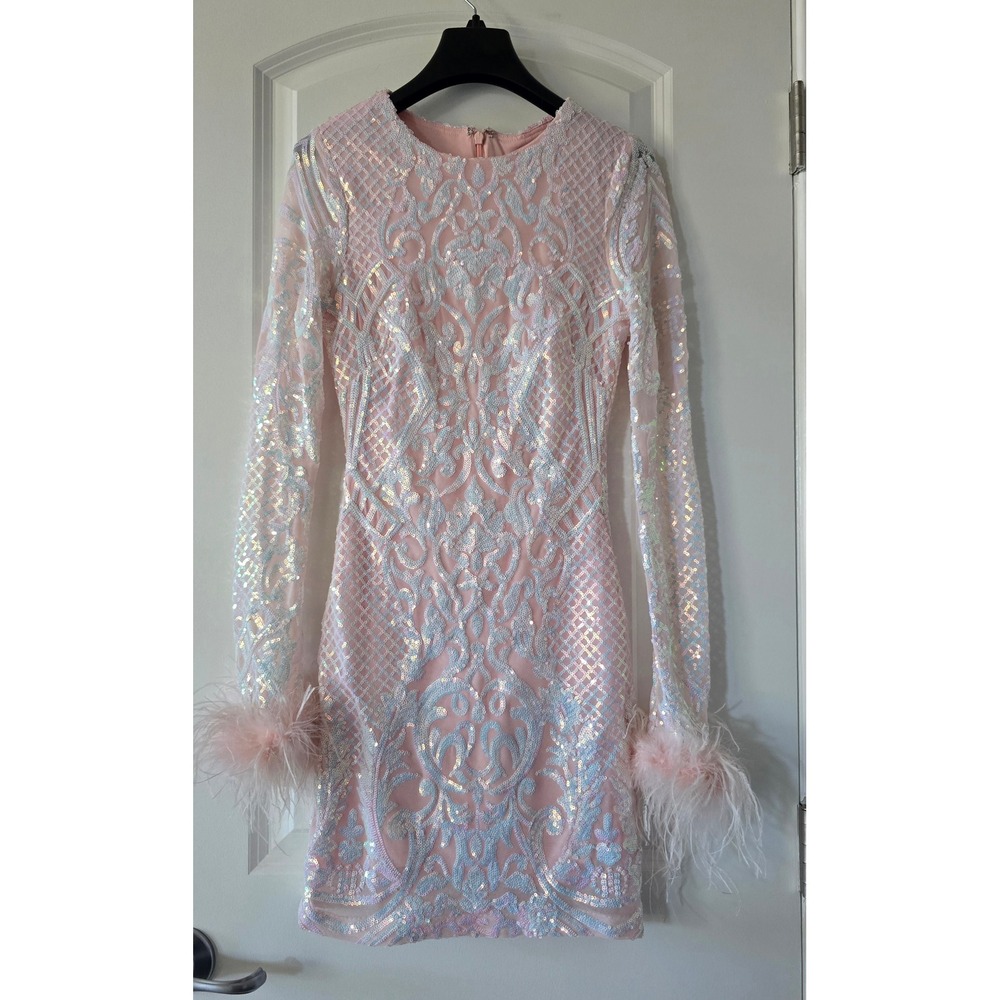 Blondie Nites Pink Iridescent Sequin Feather Cuff Mini Dress 3 Womens Juniors - Picture 3 of 12